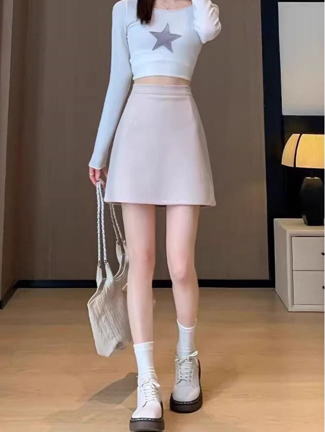 Damska Casualowa Mini Spódnica A-Line z Mieszanki Wełny, Jesień/Zima, Plus Aksamit, Przeciwko Odsłanianiu, Wysoki Stan, Dopasowana do Bioder, Idealna do Butów, Styl Hot Girl