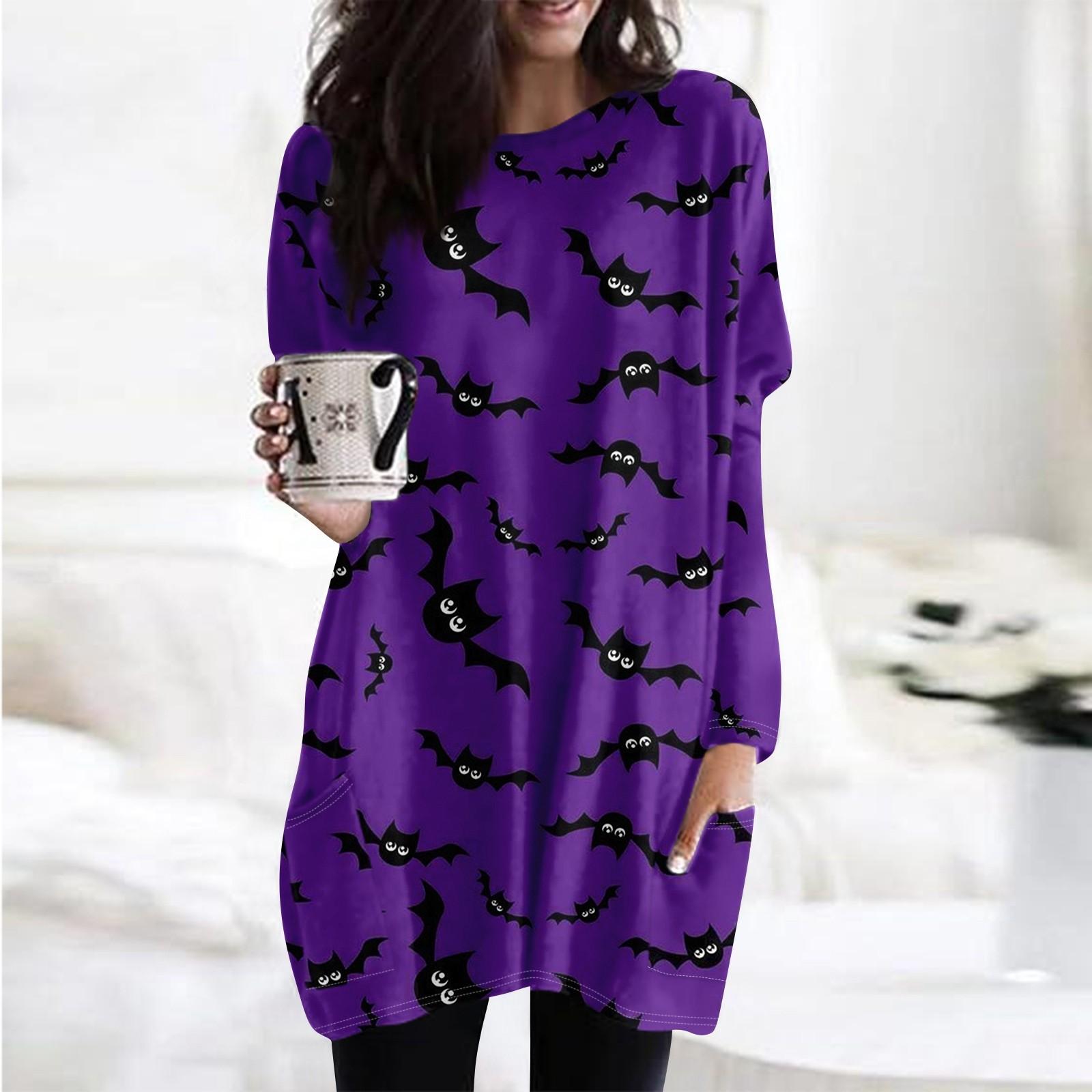 

Женская модная повседневная футболка с длинным рукавом и принтом на Хэллоуин с круглым вырезом и двумя карманами XXL