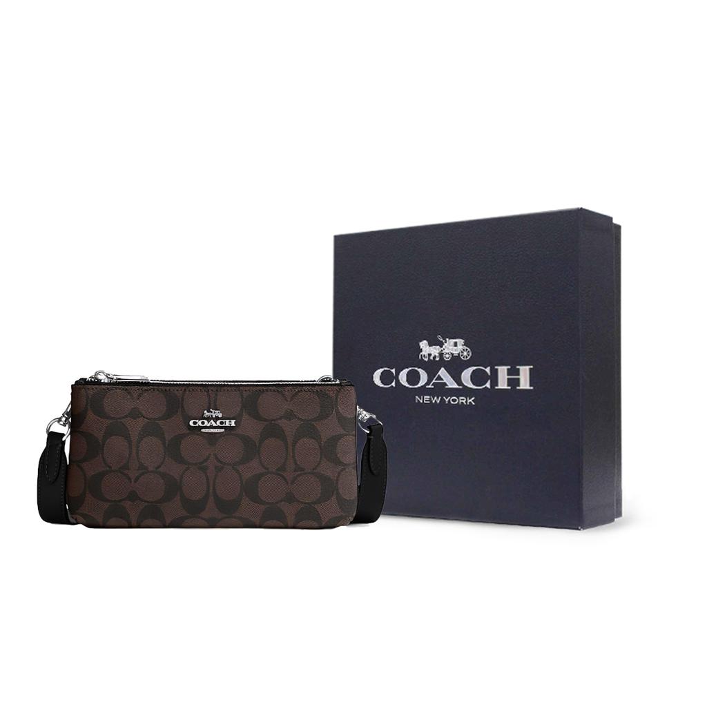 New COACH Artificial Leather Envelope Bag, Shoulder Bag, Crossbody Bag Trumpets Women's Black Brown CJ790-SVBRB