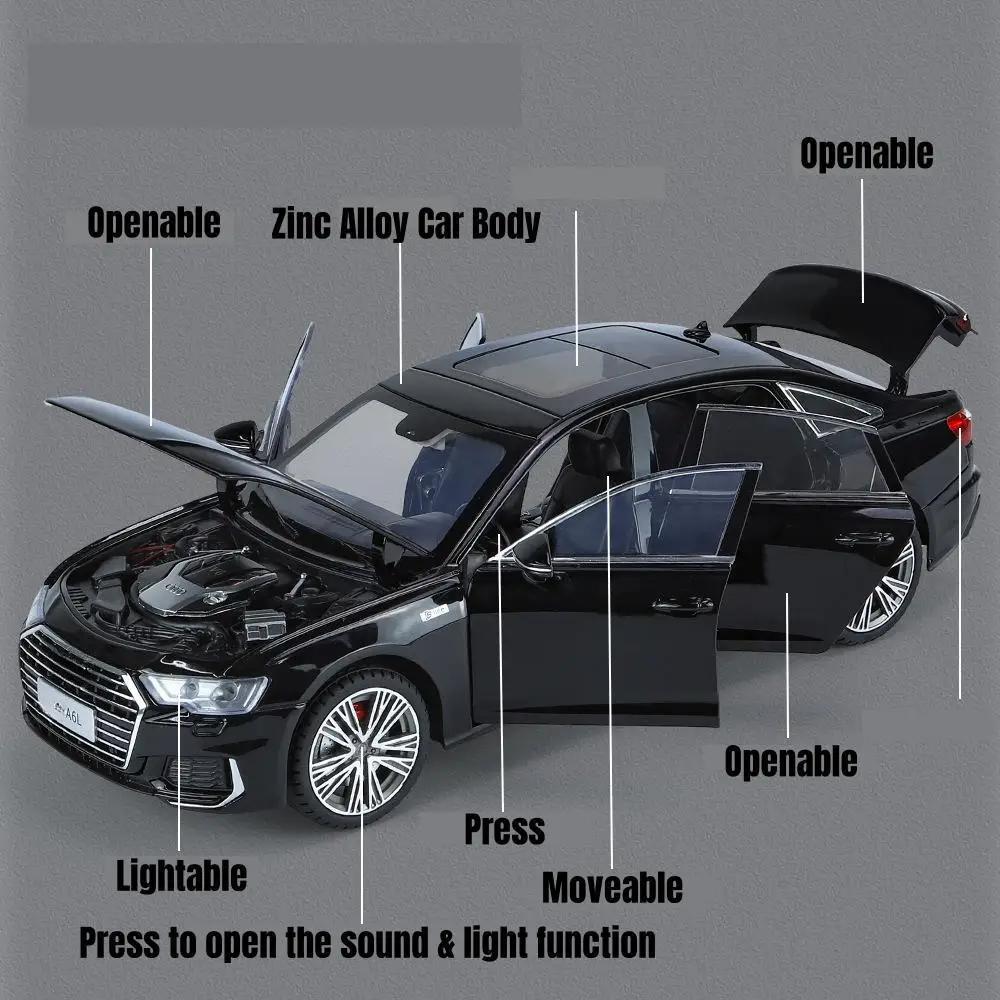 1/18 Scale A6L Toy Car Model Diecast Alloy Metal Vehicle Miniature Pull Back Sound Light Collection Gift for Boy Children Kid