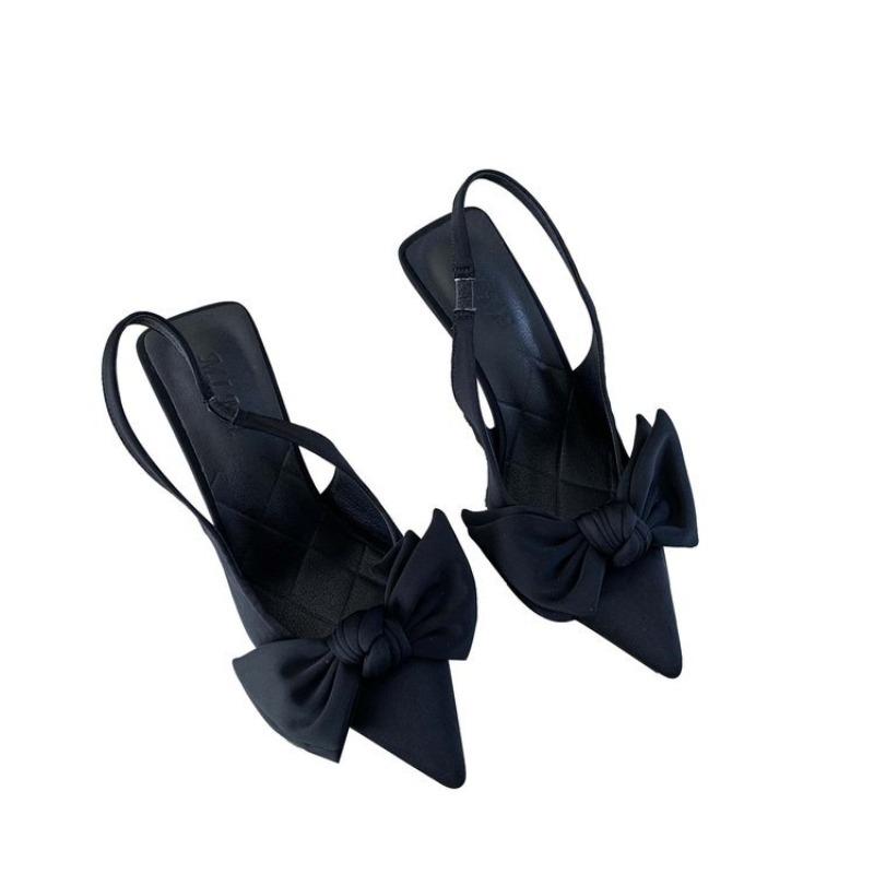 

Summer high-heeled bag head sandals women s sweet bow pointed head light mouth rear strap stiletto cloth high heels 35 чёрный