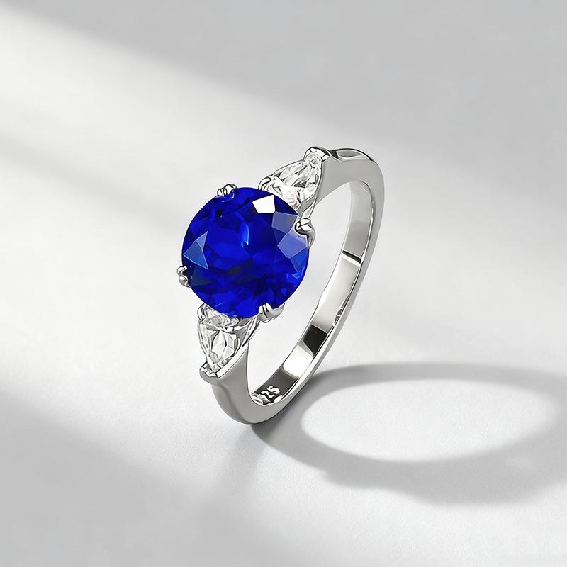 2025 S925 Silver Blue Spinel 8mm Round Diamond Ring - Blue Little Demon Cobaltion Style