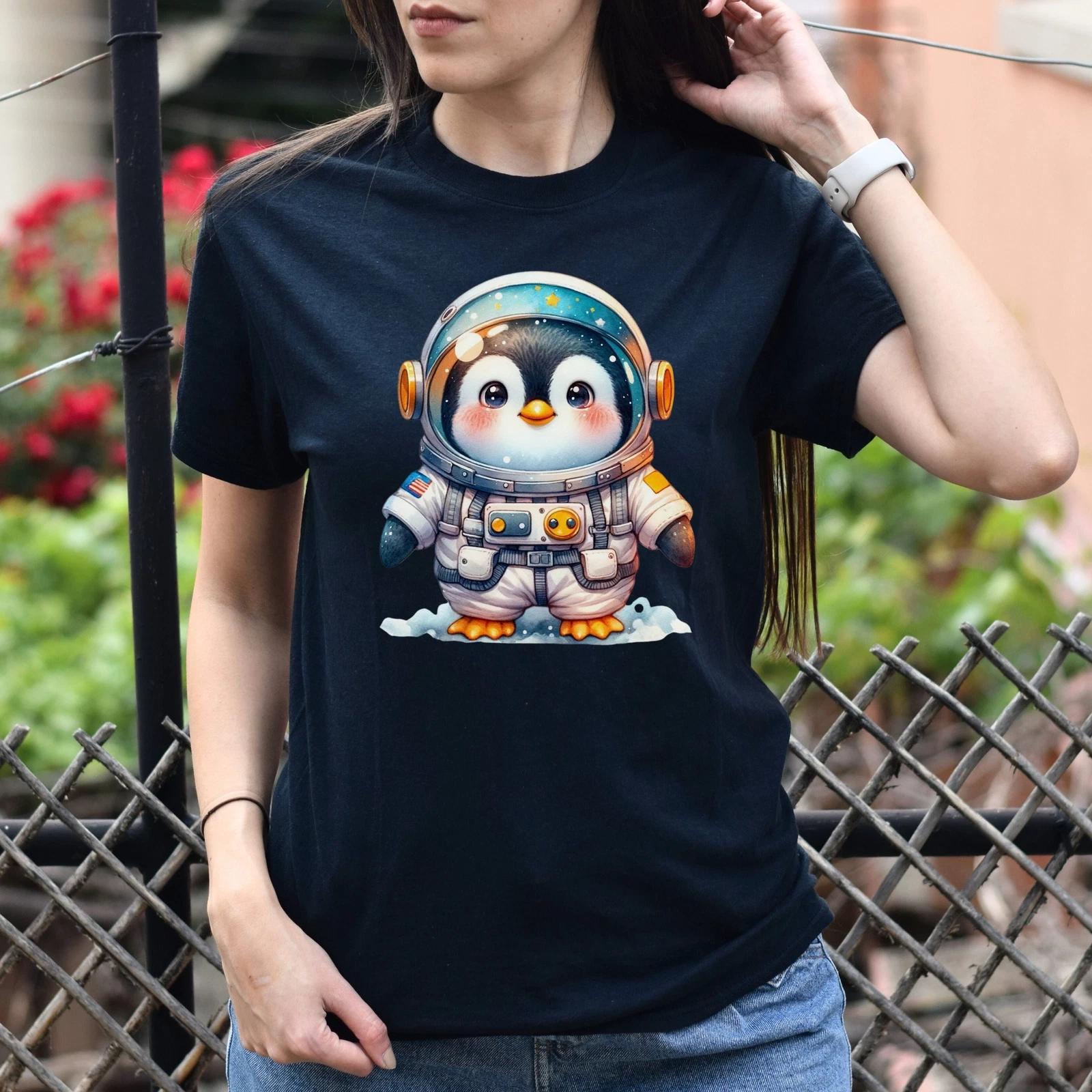 Penguin astronaut Unisex T-shirt cute animal cosmic tee Black Navy Dark Heather XL