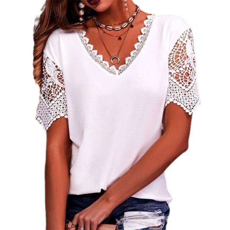 Women's T-shirt Lace Splicing Loose V-neck Short-sleeved T-shirt