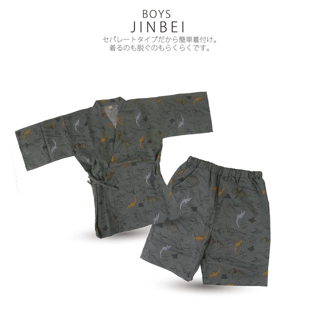 NISHIORI Polka and Hemp Leaf Separate Easy To Dress Boys' Jinbei, Dinosaur, Shark, Dot, Design, Pieces, (130cm, Dinosaur)