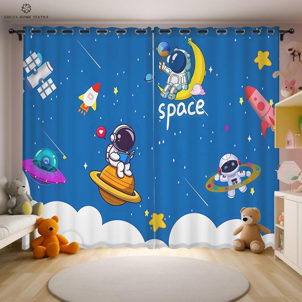 Cartoon Space Astronaut Curtains 2 Piece Puzzle Creative Printing Curtains Children's Room Kitchen Study Decorative Curtains