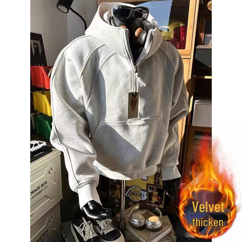 Men's Trendy Grey Half-Zip Stand Collar Hoodie: Deconstructed Design, Heavyweight American Style Sweatshirt