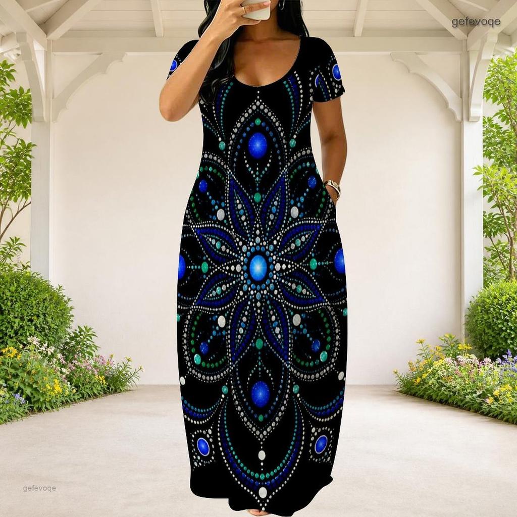 Women Plus Size Round Neck Short Sleeve Galaxy Printed Loose Maxi Dress With Side Pockets
