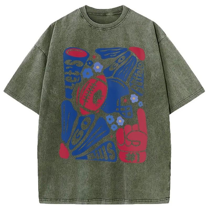 Vintage Cotton Washed Acid T-Shirt Let's Go Bills Printed Dropped Shoulder Tops Holiday Heavyweight Men Clothings