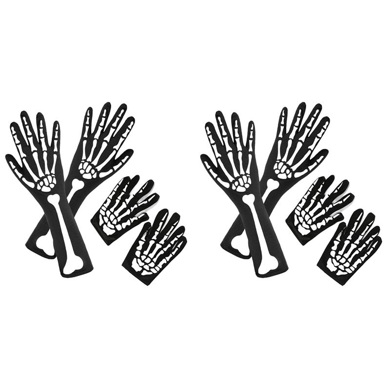 

A71Z 4 Pairs Halloween Skeleton Gloves With Skeleton Arm Sleeve Full Finger Long Arm Skeleton Gloves For Kids And Adults чорний