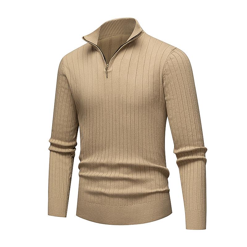Men's European-American Half-Zip Solid Color Knit Sweater with Vertical Stripes