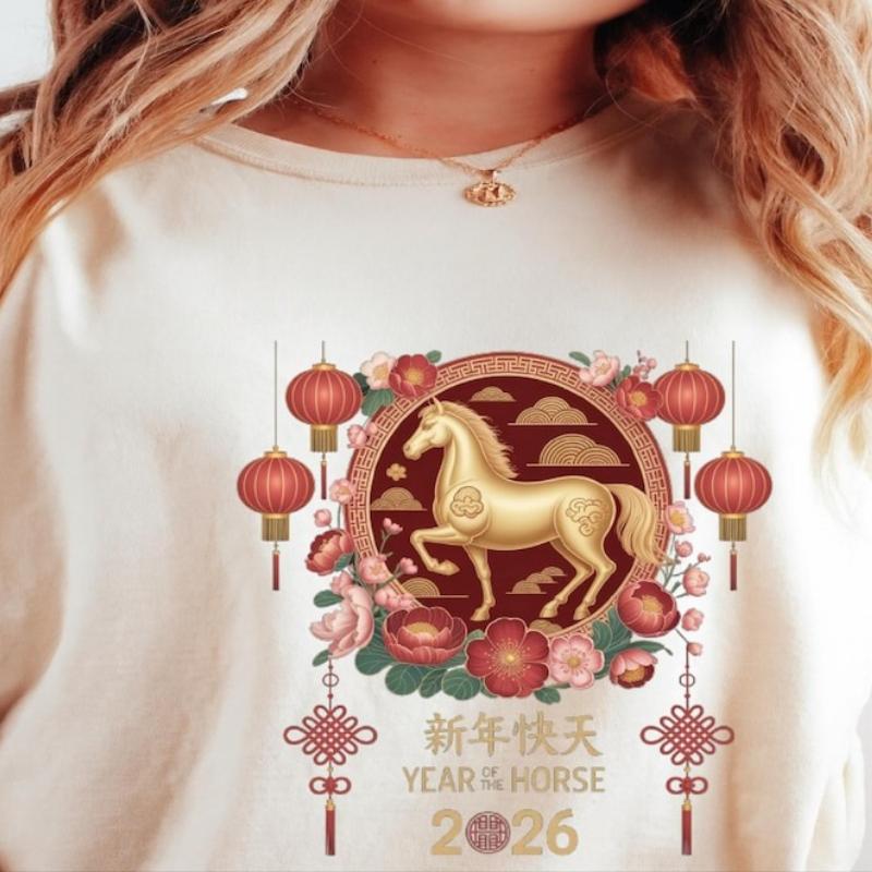 Hello 2026 New Year Chinese Unisex Shirt Happy Lunar New Year Horse Gift Crewneck Printed Tshirt Tops Regular Short Sleeve