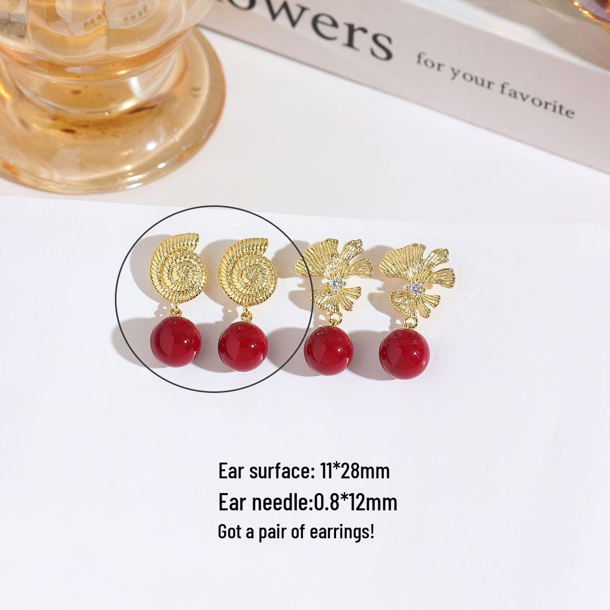 Ginkgo Leaf & Red Pearl Gold-Plated Earrings - French Luxury Style Real Gold Plated, Durable Color Retention