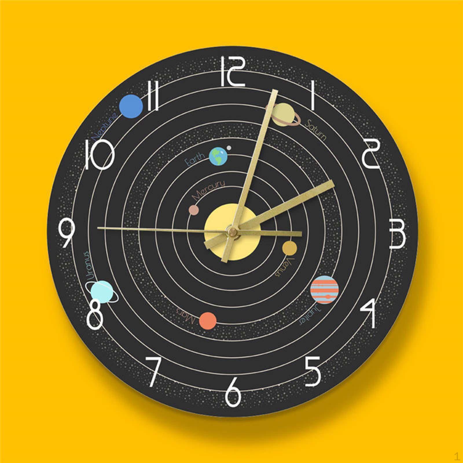 

Nine Planets Wall Clock 12 inch Round Analog Astronomy Education Modern Non Ticking for