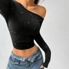 European Style Black One-Shoulder Long-Sleeved T-Shirt with Silver Accents - Slim Fit Women's Autumn Top
