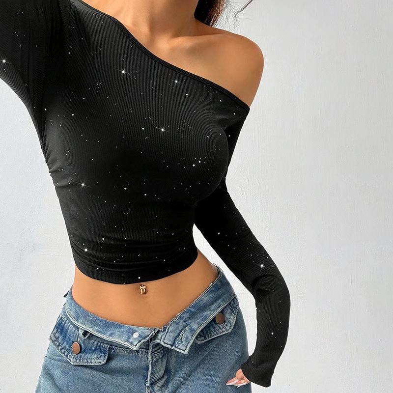 European Style Black One-Shoulder Long-Sleeved T-Shirt with Silver Accents - Slim Fit Women's Autumn Top