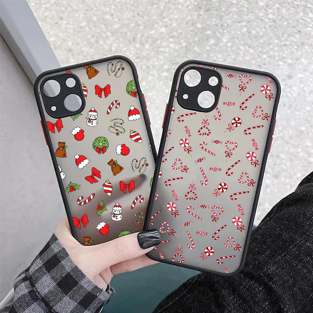 Case For iPhone 17 16 15 13 12 11 14 Pro Max 15 Plus 16e 17 Air Shockproof Clear Matte Cover Christmas Theme Cane Picture Fundas