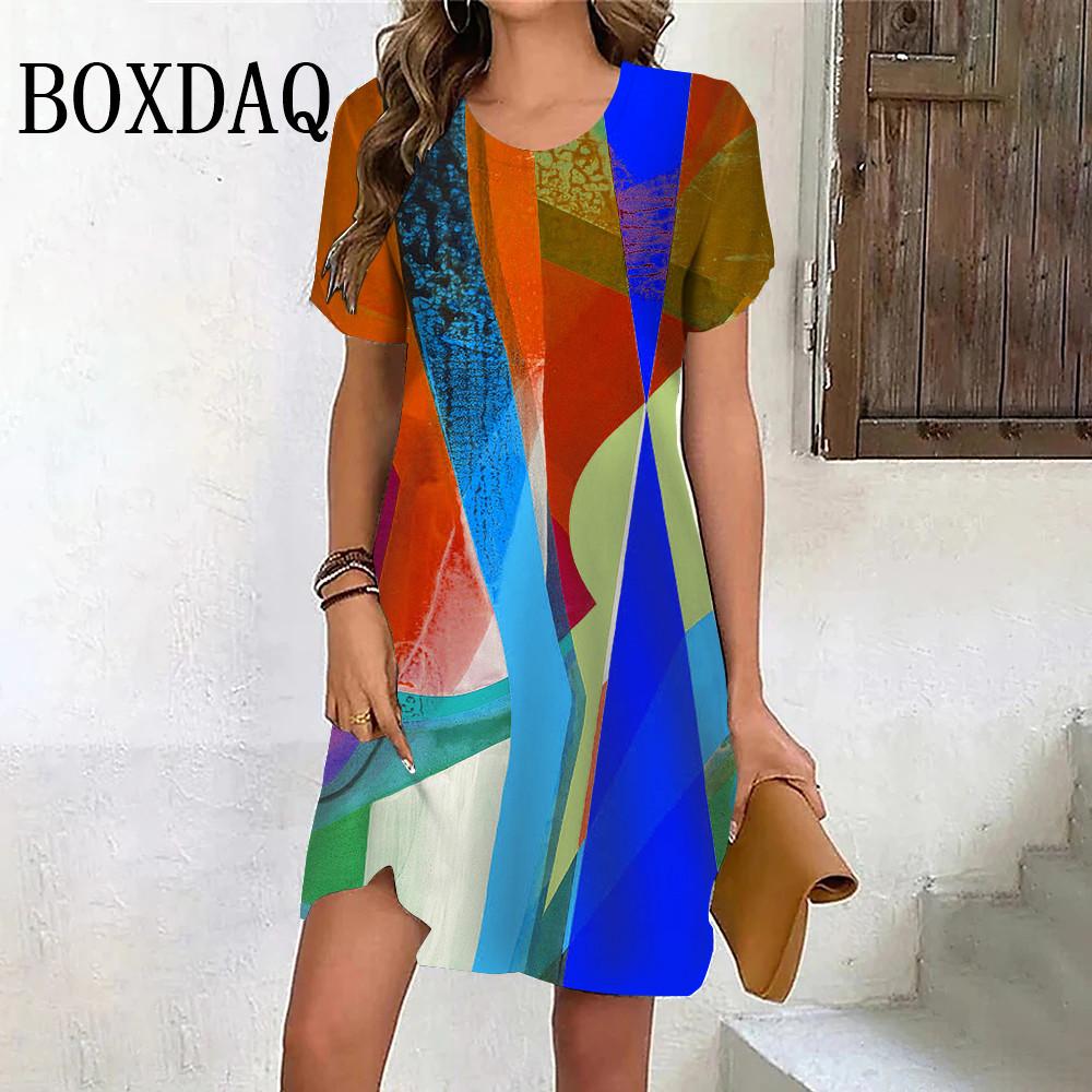 

Красочное платье с абстрактной живописью, модное уличное повседневное женское платье с геометрическим узором, новая одежда 2024 года, летнее мини-платье с короткими рукавами 8XL