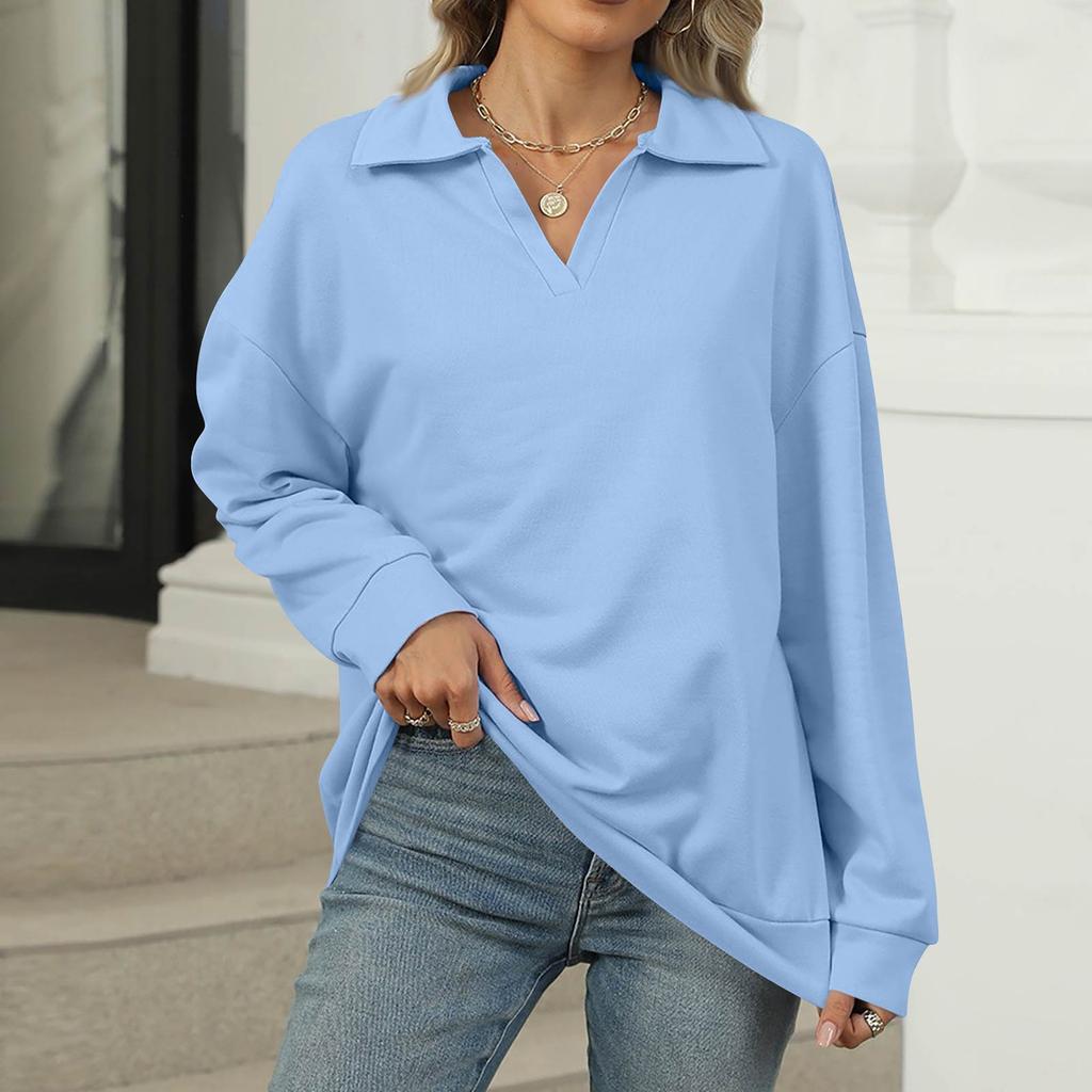 Women's Fashion Oversized Solid Color V-Neck Sweatshirt Long Sleeve Casual Top