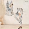 Women Plus Size Two Piece Set Scoop Neck Sleeveless Tank Top Fitted Floral Printed Pants Orange Blue Off White