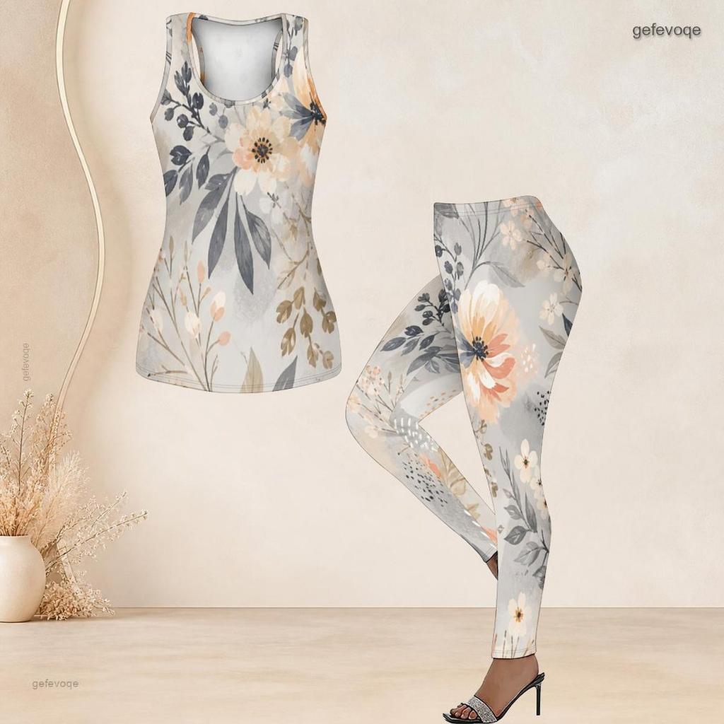 Women Plus Size Two Piece Set Scoop Neck Sleeveless Tank Top Fitted Floral Printed Pants Orange Blue Off White