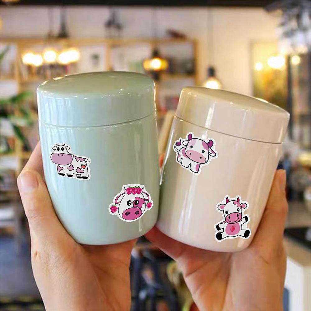 10/30/50pcs Cute Strawberry Pink Cow Graffiti Stickers Kawaii Animal Decals DIY Luggage Fridge Journal Cartoon Graffiti Sticker