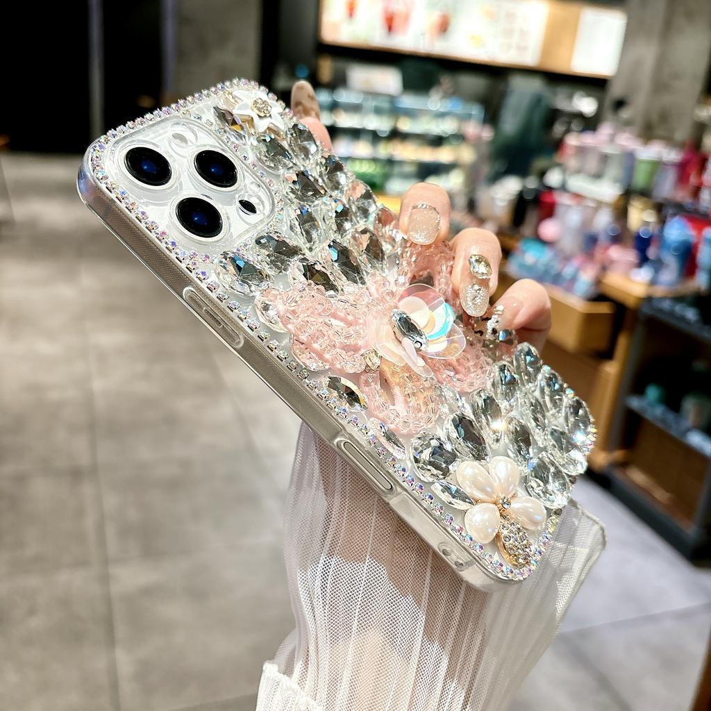 For iPhone 15 Pro Case Glass Rhinestone Decor Butterfly Pattern TPU Phone Back Cover