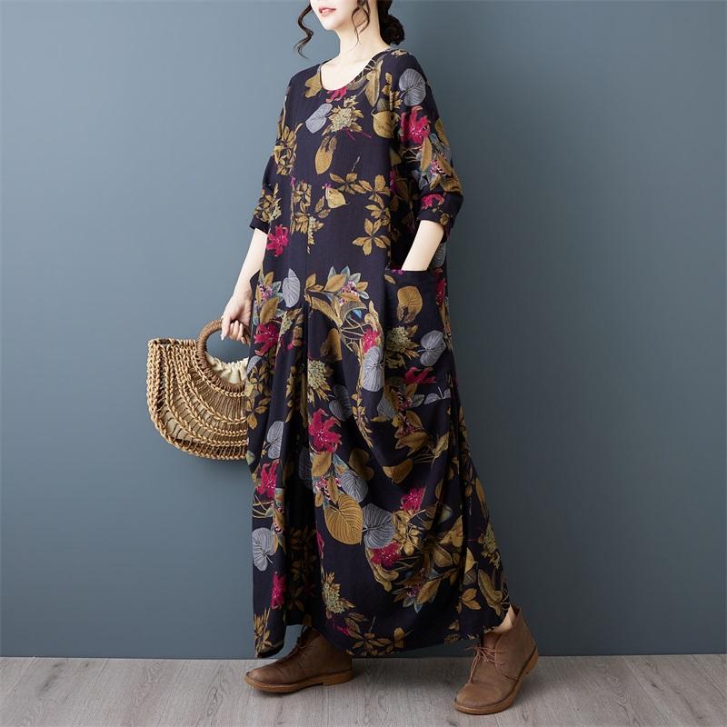 Dlouhý rukáv plus size bavlna vintage květinové novinka šaty pro ženy ležérní volné jarní podzimní šaty
