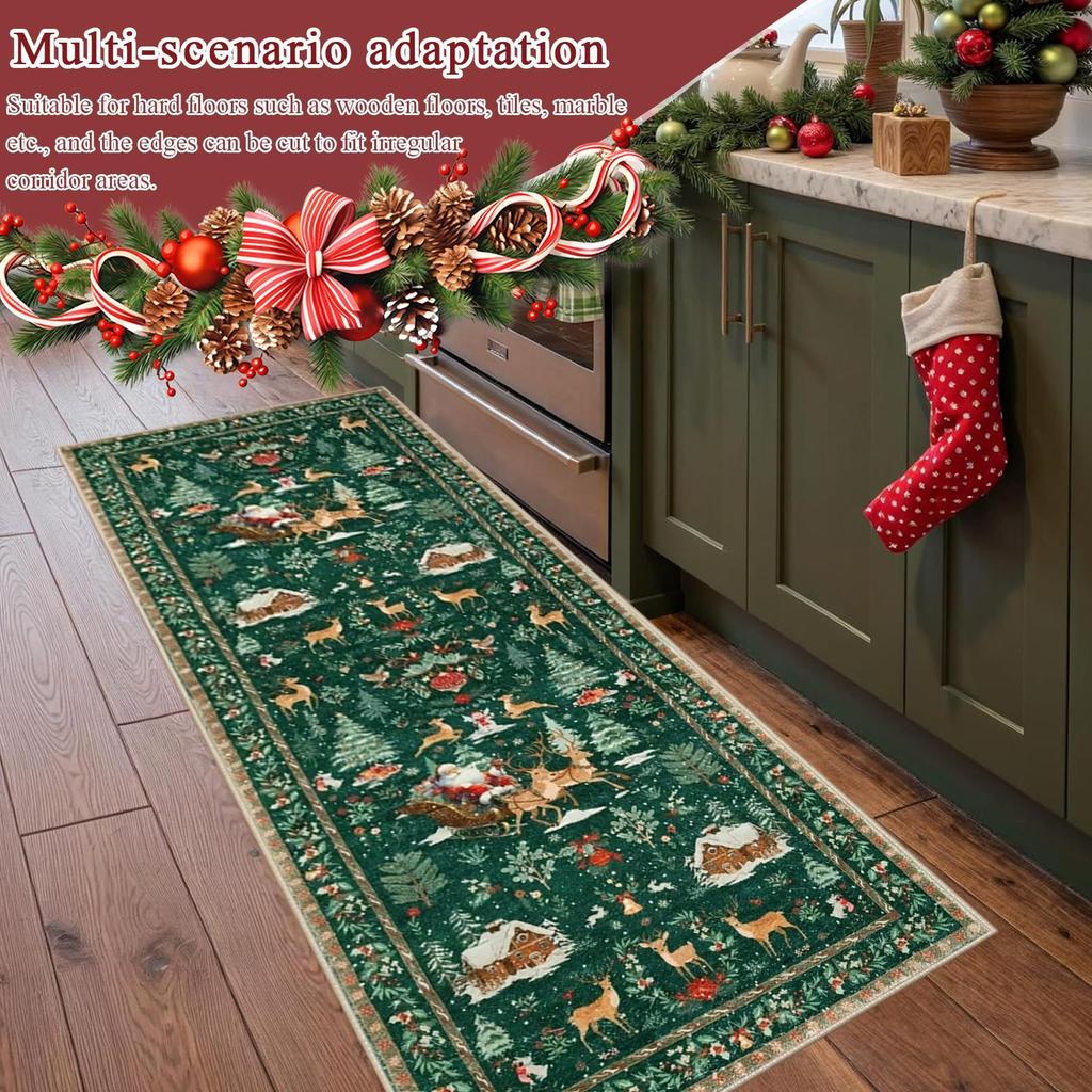 Christmas Runner Rug Non-Slip Winter Holiday Festive Floor Mat Soft Christmas Tree Santa Claus Carpet for Indoor Bedroom Dining