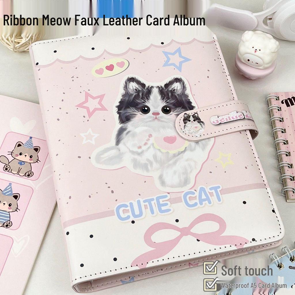 Cute Niche Kitten A5 Leather Ring Binder Notebook - Stylish, High-Value, Lined Student Notebook.