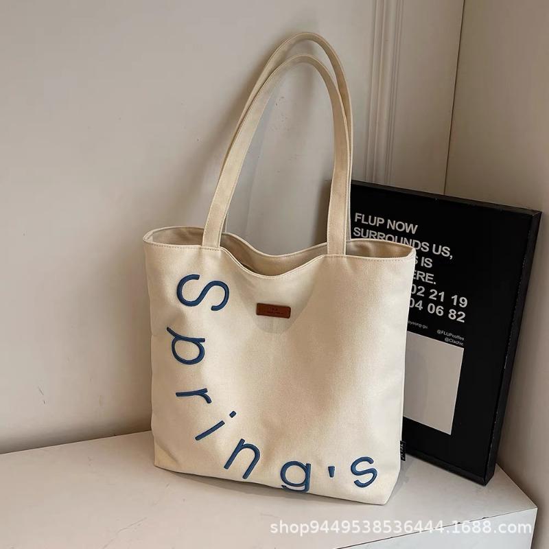 Embroidered Letter Canvas Bag Bag Women's Leisure Large Capacity Shoulder Tote Bag Versatile Student Class Commuting Tote Bag