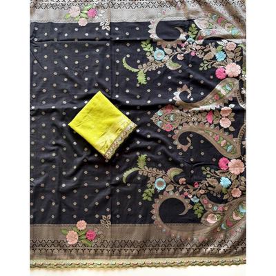 Pure Khaddi Crep Georgette Minakari Petch Work Butta Border With Open Weveing Rich Rich Pallu Saree With Running Blouse Piece
