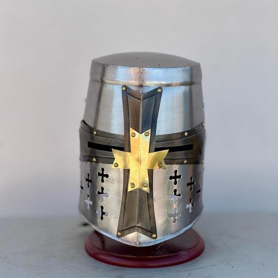 Templar Brass Cross Crusader Helmet-Knight Helmet-Medieval Helmet-Cosplay Costume Larp Reenactment Great Helmet
