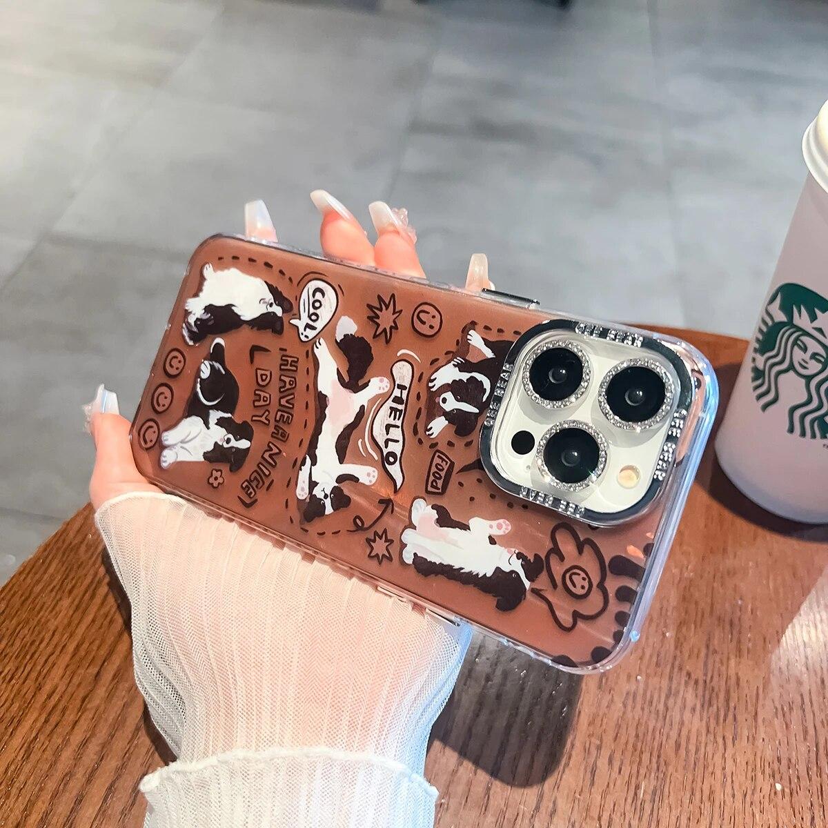 

Мягкие чехлы с милой собакой в ​​стиле аниме для iPhone 15, 14, 13, 12, 11 Pro Max Plus, металлические кнопки, блестящие, украшенные драгоценными камнями, защитные пленки для линз, чехлы для телефонов iPhone 15 Pro Max
