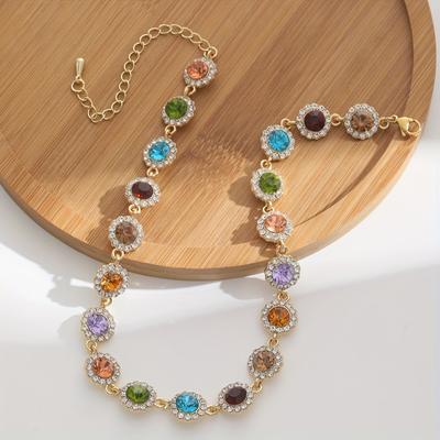 Elegant Fashion Necklace Set, Sparkling Colorful Synthetic Gemstones, Women Daily Party Wedding Jewelry Gift