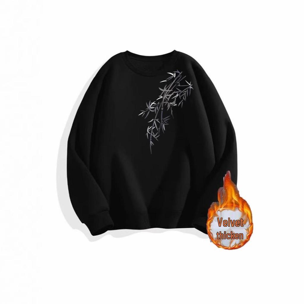 Herren Bambusblatt Fleece-gefüttertes Rundhals-Sweatshirt - Schwergewicht 450G, Chinesischer Stil, Herbst/Winter.