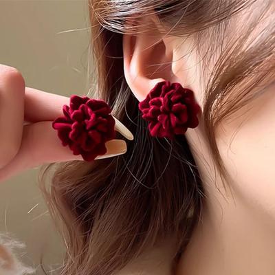 Red Flocking Flower Stud Earrings for Women Trendy Fold Petal Big Earrings Wedding Party Lucky Personality Jewelry Girls Gift