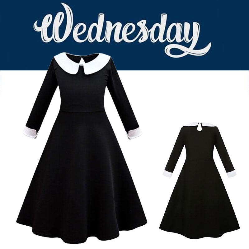 Addams Family Cosplay Girls' Long Sleeve Dress For Children Black Polyester Fabric