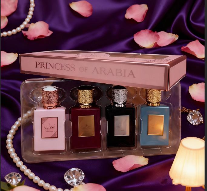Flocked ARAB Four-Piece Perfume Gift Set: Long-Lasting Arabic Fragrances from Dubai.