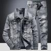 Terno jeans masculino primavera e outono, resistente ao desgaste, respirável, jaqueta jeans + jeans, conjunto de 2 peças