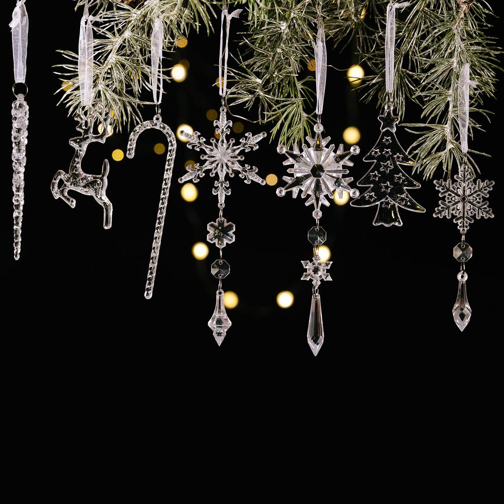 Acrylic Snowflake Icicle Ornaments Clear Hanging Christmas Tree Decorations Winter Holiday Decor Set 18PCS