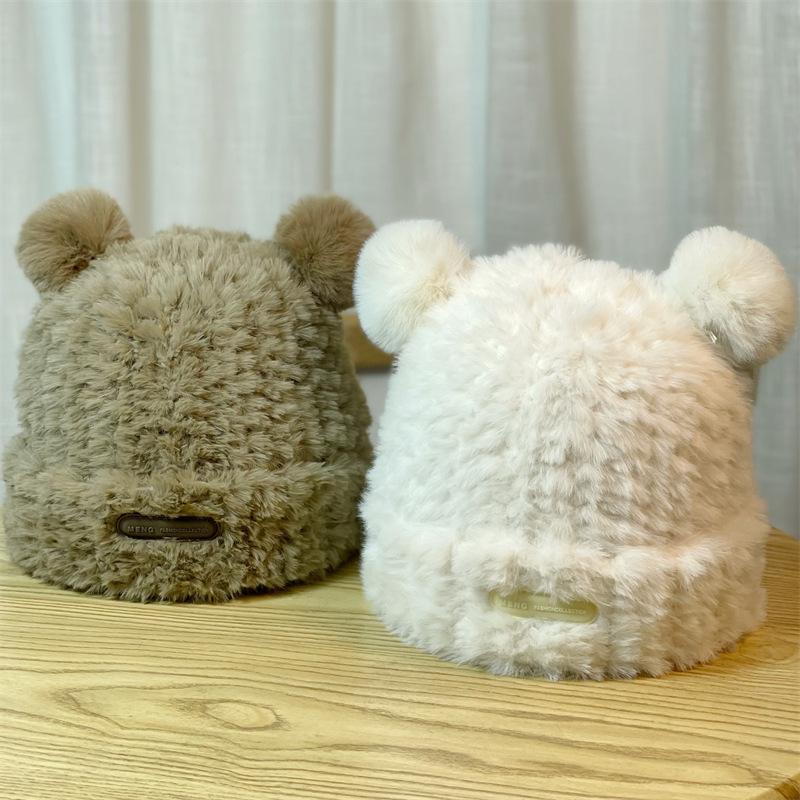 Large Head Circumference Soft and Cute Bear Ear Plush Hat for Women, Warm and Face-Slimming, Loose and Sweet Ear Protection Hat for Autumn and Winter