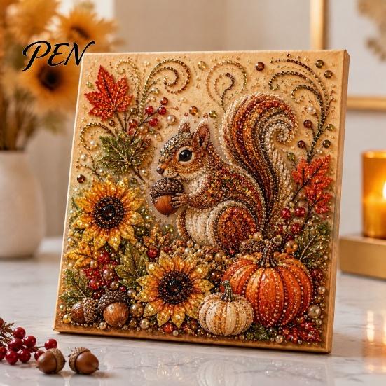 Festive Seasonal Craft Kits Autumn Faux Pearl Painting Kit, Fall Theme Art DIY Kit for Handmade Wall Decor Adults, Fox Pumpkin 3D Set Thanksgiving