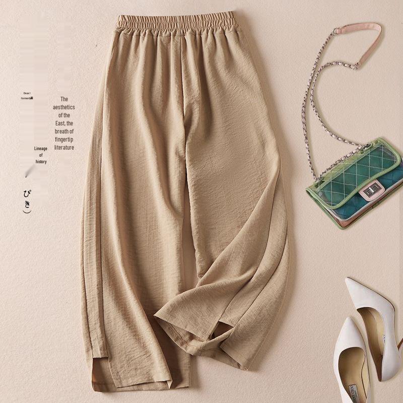 Women's 2026 Summer Ice Silk Wide-Leg Pants - Retro, Plus Size, Nine-Point Length, Solid Color, Thin and Comfortable.
