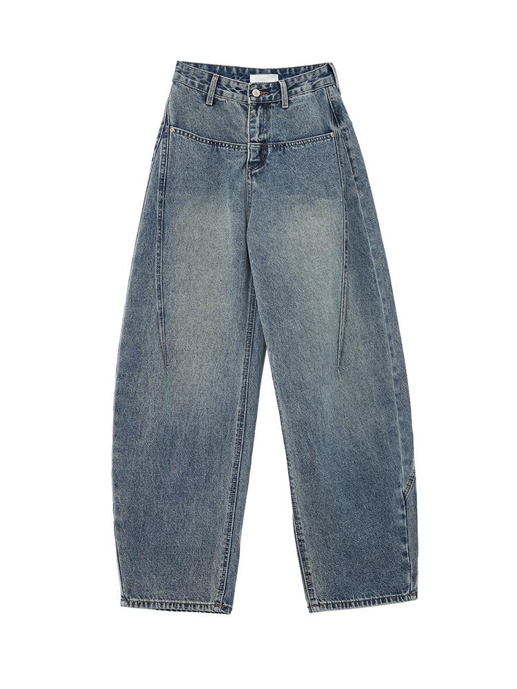 Damen High Rise Barrel Jeans Lockerer Sitz Twill Gewaschen Blau Weiter Bein Lange Hose Mit Großen Taschen Amerikanischer Street Style