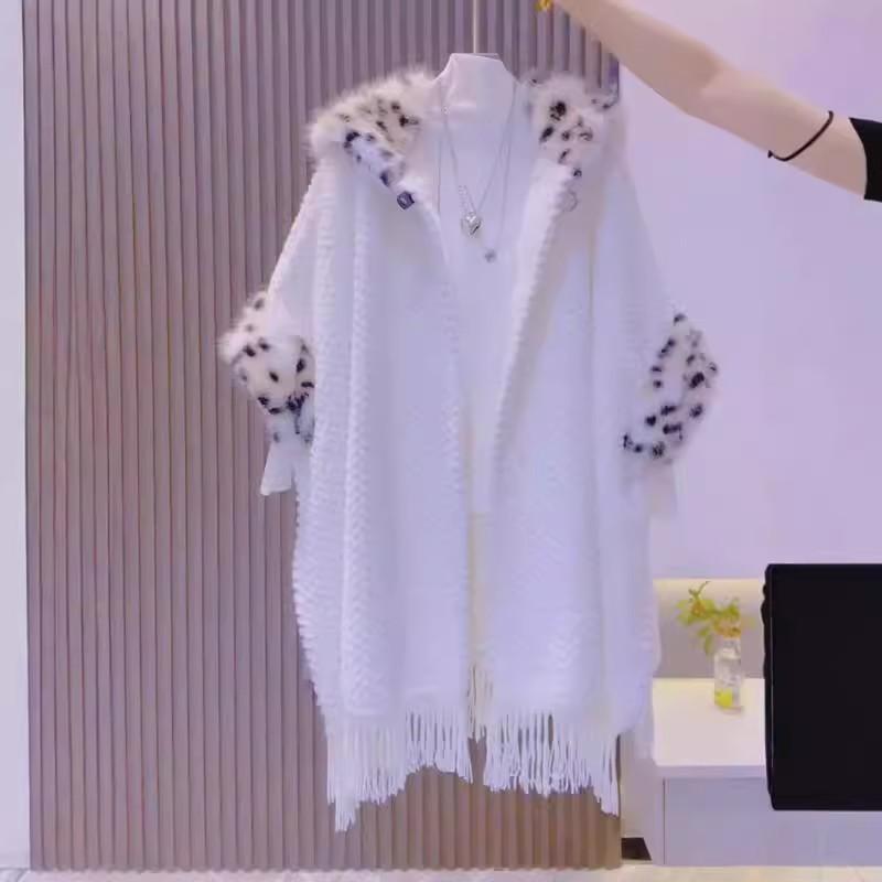 

Новая модная вязаная шаль с капюшоном и кисточками, с женским меховым воротником и плюшевой утолщенной накидкой белый