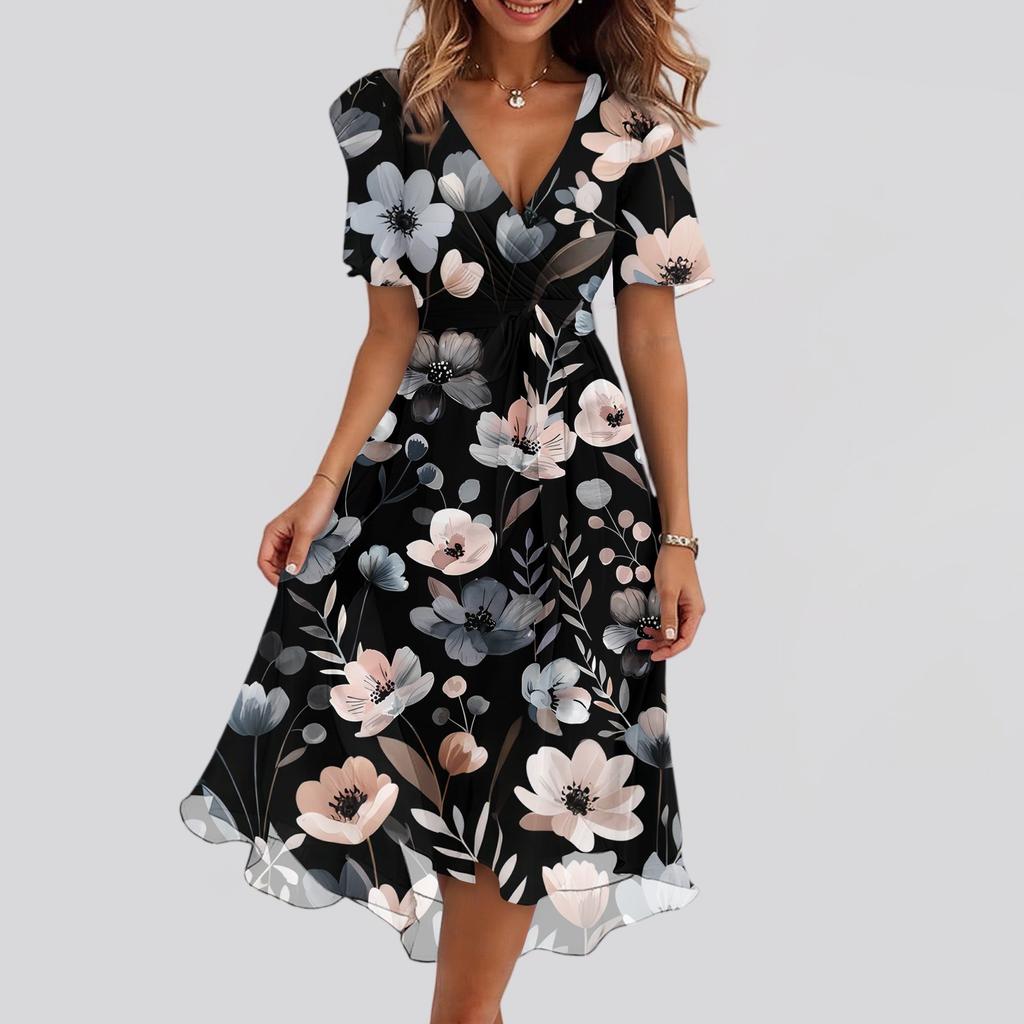 Dámské módní ležérní šaty s výstřihem do V, krátkým rukávem, volánky a vintage potiskem