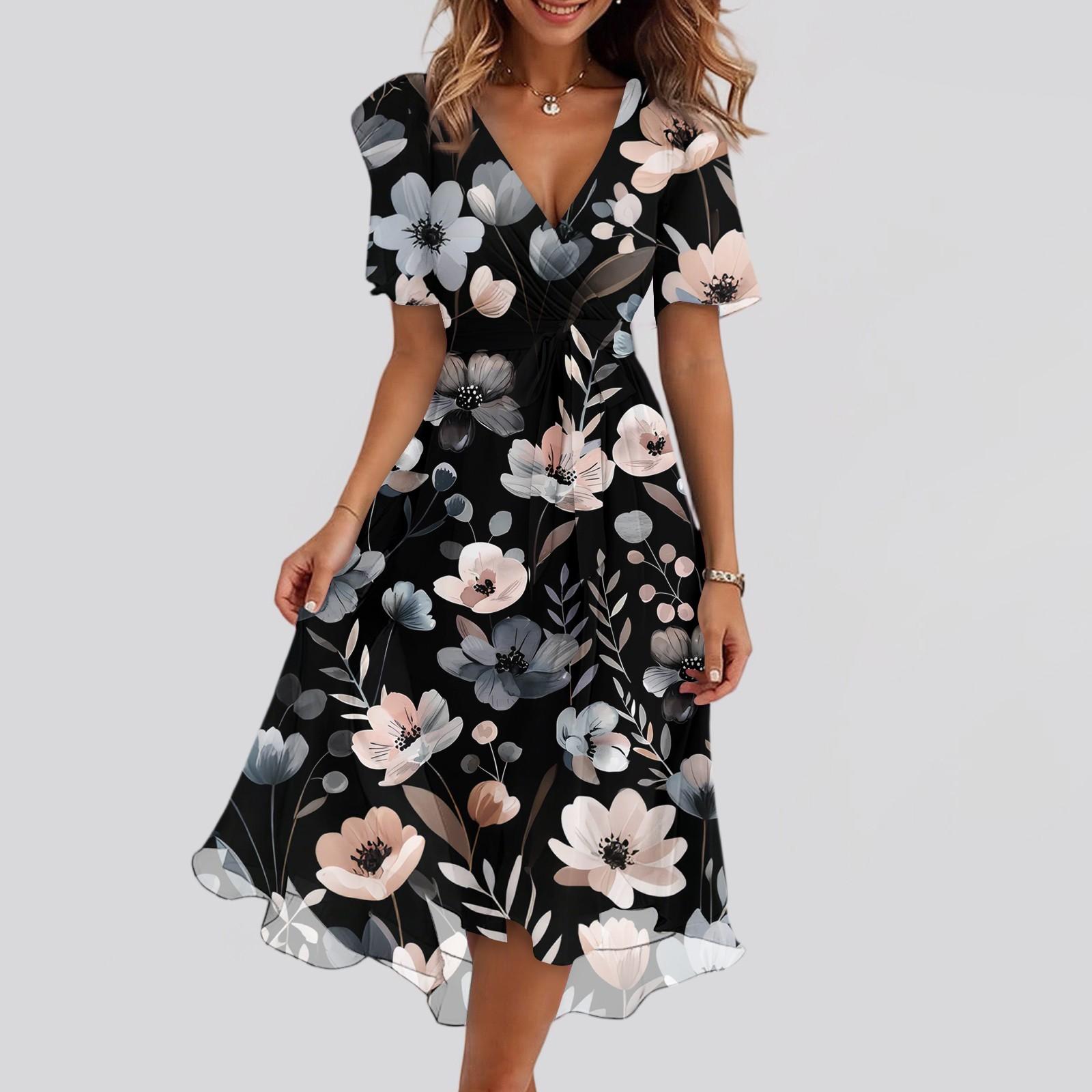 

Женские модные повседневные платья с V-образным вырезом, короткими рукавами и оборками, винтажным принтом XL чёрный