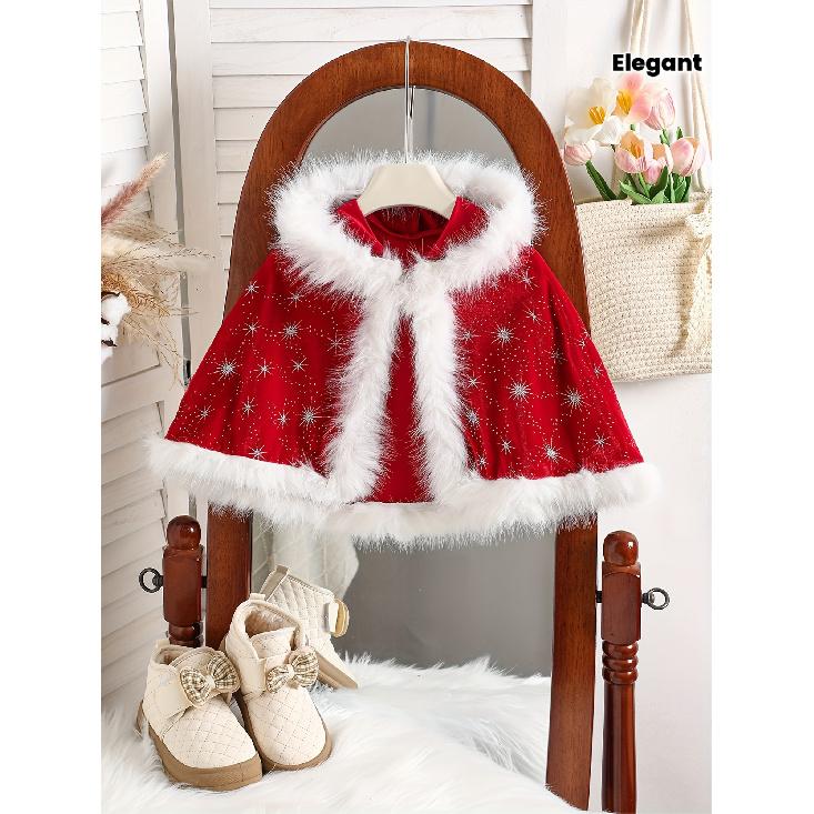 

high quality[Elegant Christmas Cape Jacket] Elegant Christmas Girls Hooded Cape Jacket - Winter Coat with Snowflake & Holly Patterns, White Collar, 7Y червоний