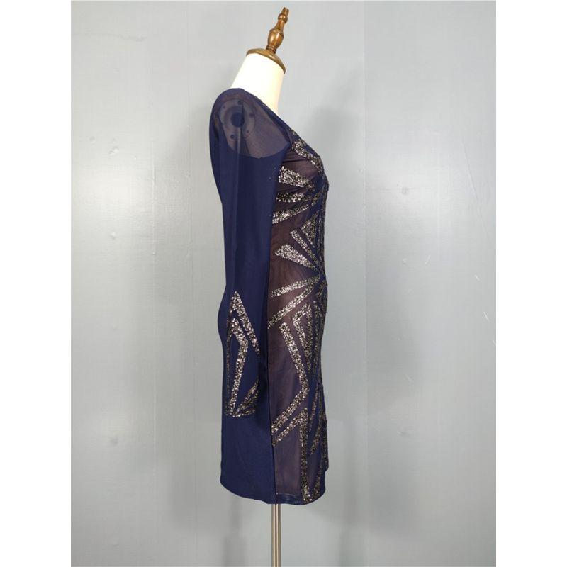 Export Li's Summer New Arrival Mesh See-through Heavy Embroidery Sequins Round Neck Slim-Fit Commute Hip Bag Elegant Dress